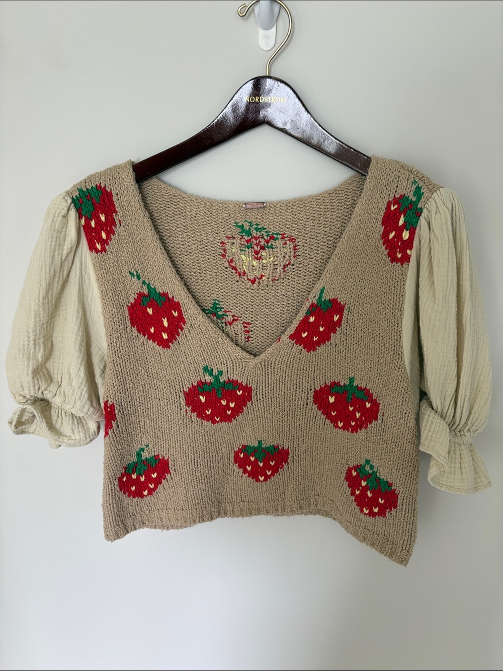 Free people Strawberry Knit V-Neck Sweater in Beige and Red